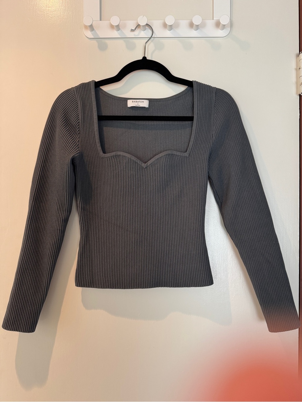 Babaton Ribbed Long-Sleeve Square Sweetheart Neck Top